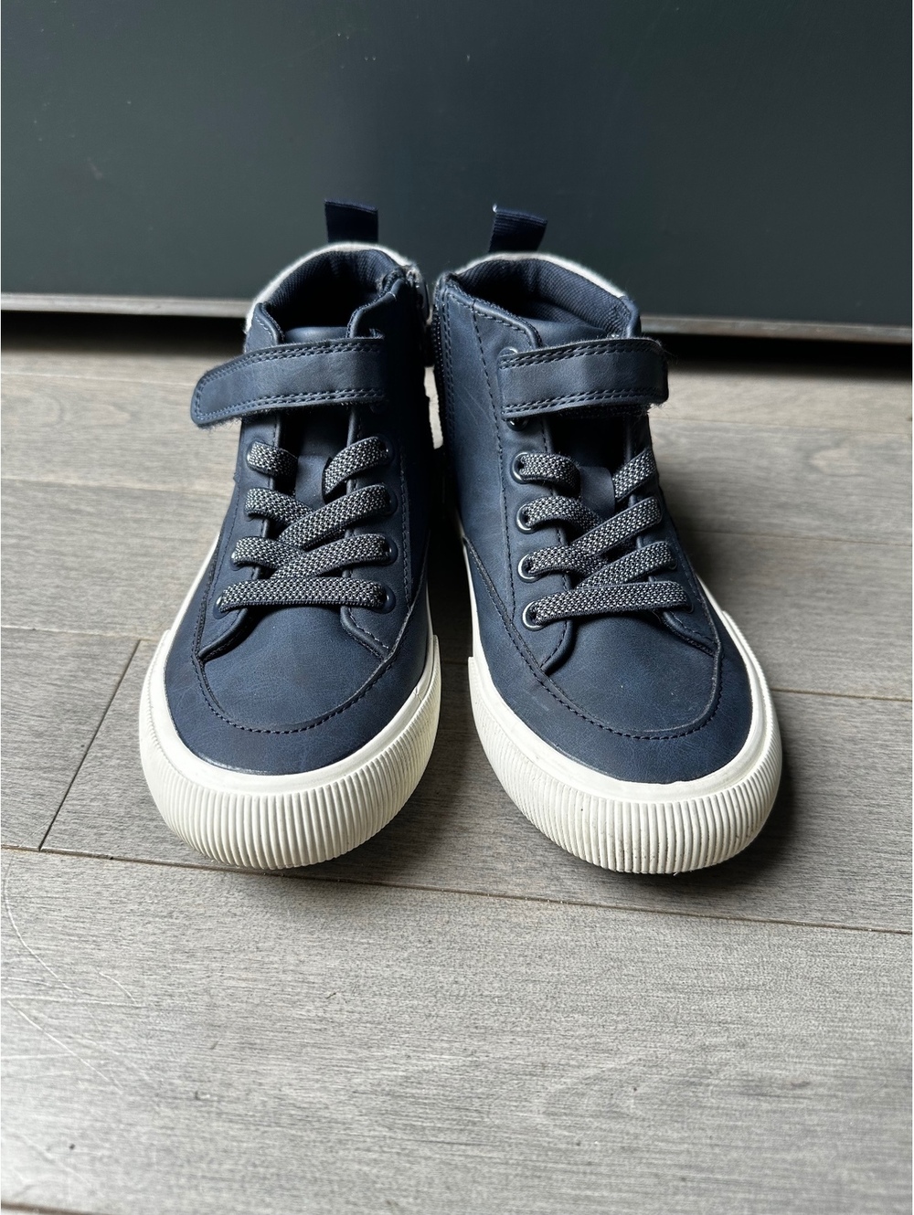 Boys Kids Navy Blue High-Top Sneakers Laces Side Zipper Strap Shoes Size 13